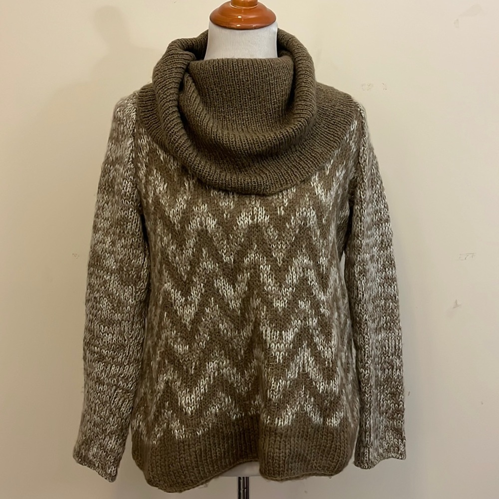 Wooden Ships Brown & White Chevron Cowl Neck Mohair Wool Blend Sweater Size XS